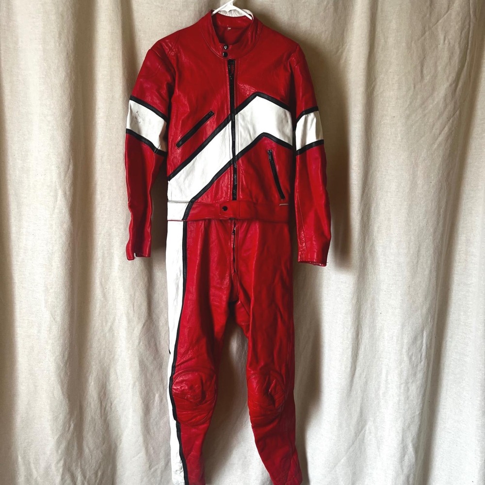 Vintage Red Leather Moto Racing Suit Jacket Pants 2 Piece Small
